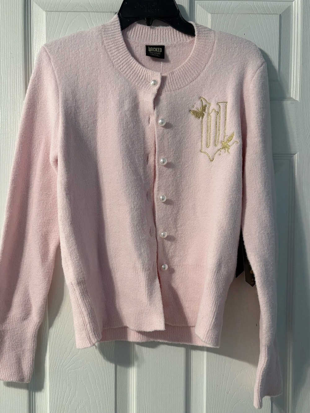 Cozy Pink Wicked Embroidered Cardigan with Pearl Buttons